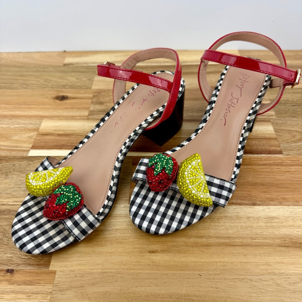 Betsey Johnson Gingham Fruit Embellished Block Heel Sandals Red Black White 6